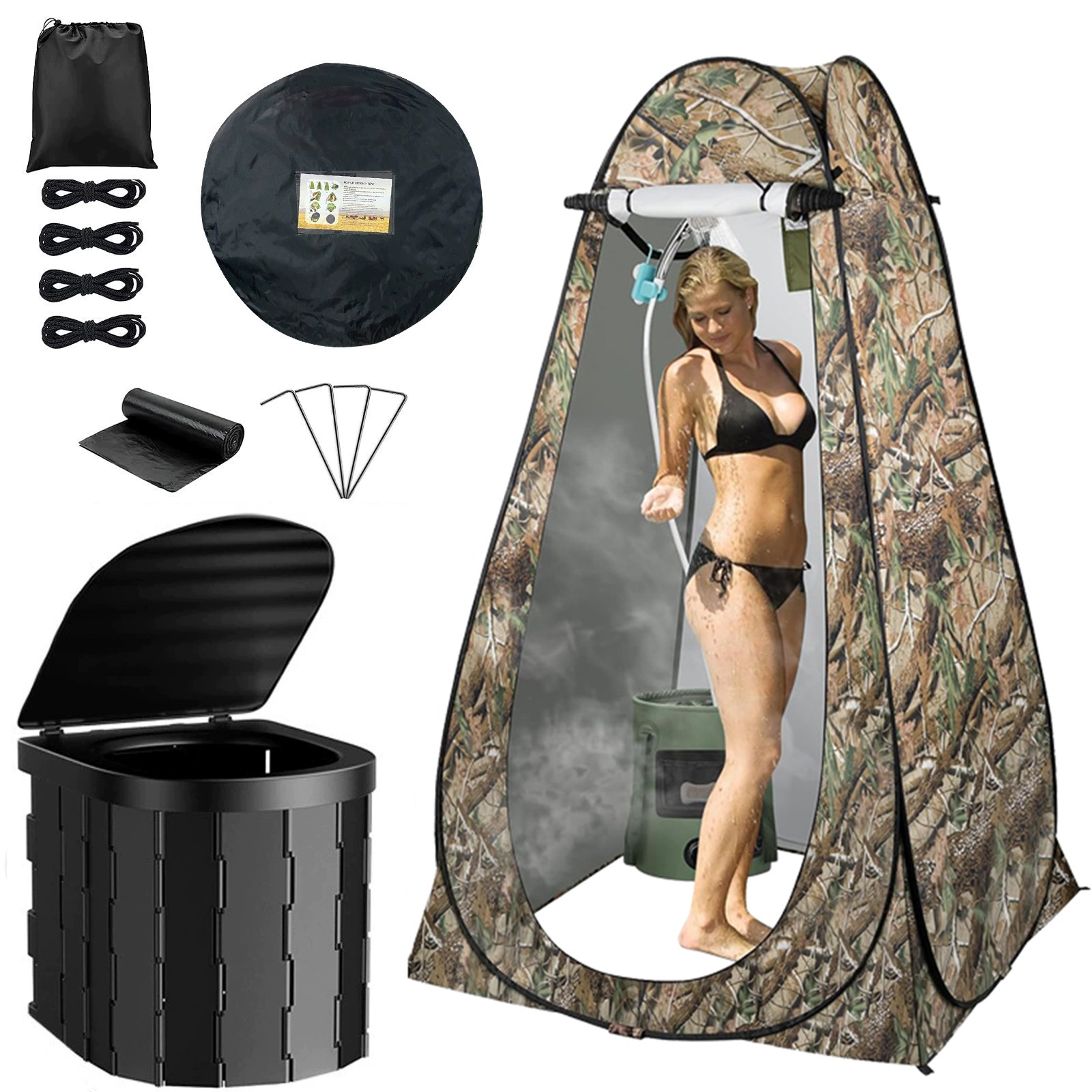 2-window big tree camouflage tent + [covered version] black toilet + double tent: 150*150*190cm