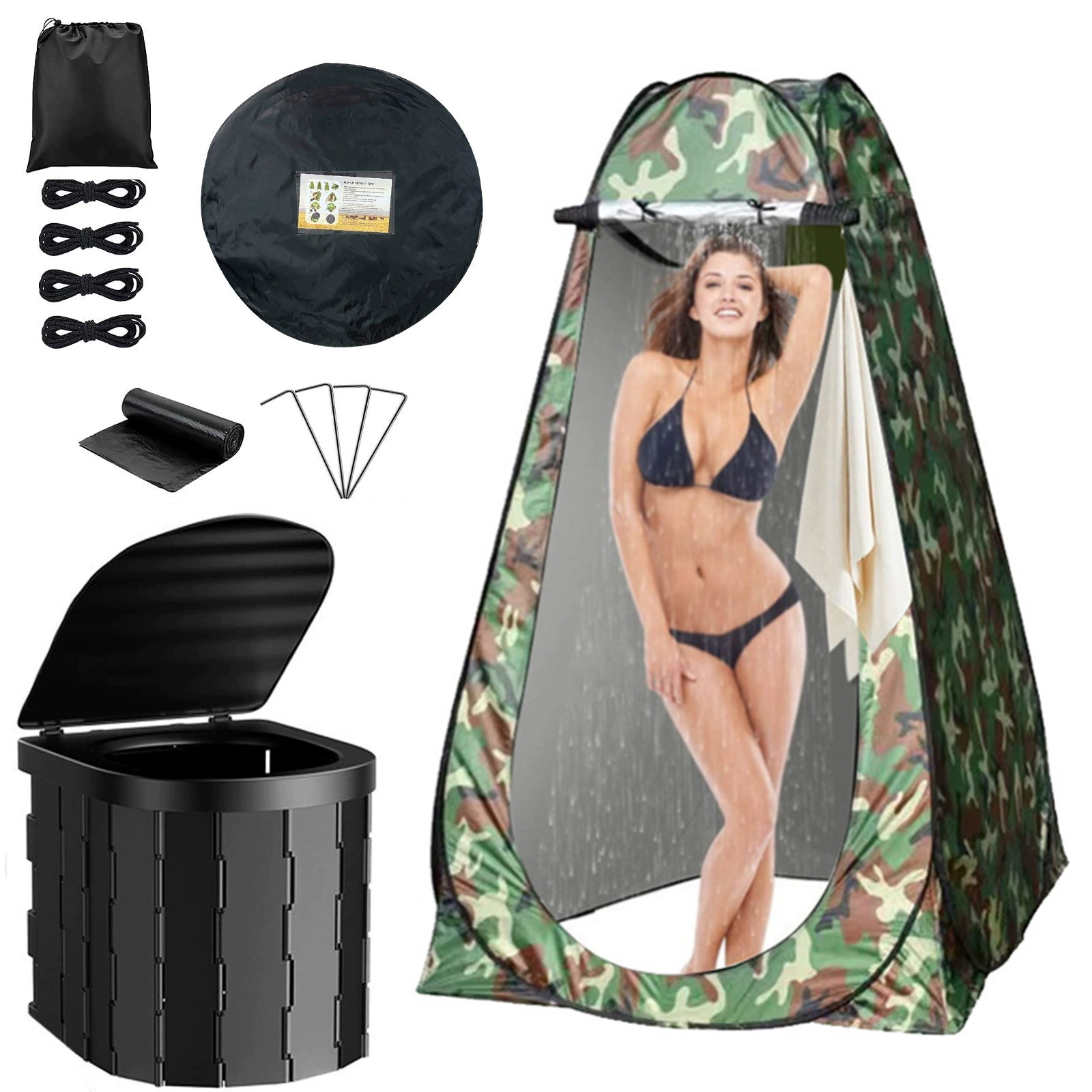 2-window large flower camouflage tent + [covered version] black toilet + single tent: 120*120*190cm
