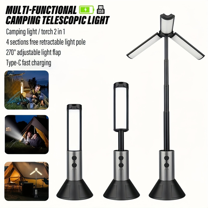 2-in-1 LED Camping High-Brightness Flashlight - 4-section Telescopic Pole, 270° Adjustable Beam, Hook Design, Detachable Lamp Shade, Dual On/Off Mode, USB Rechargeable Camping Light Holder Base, ID